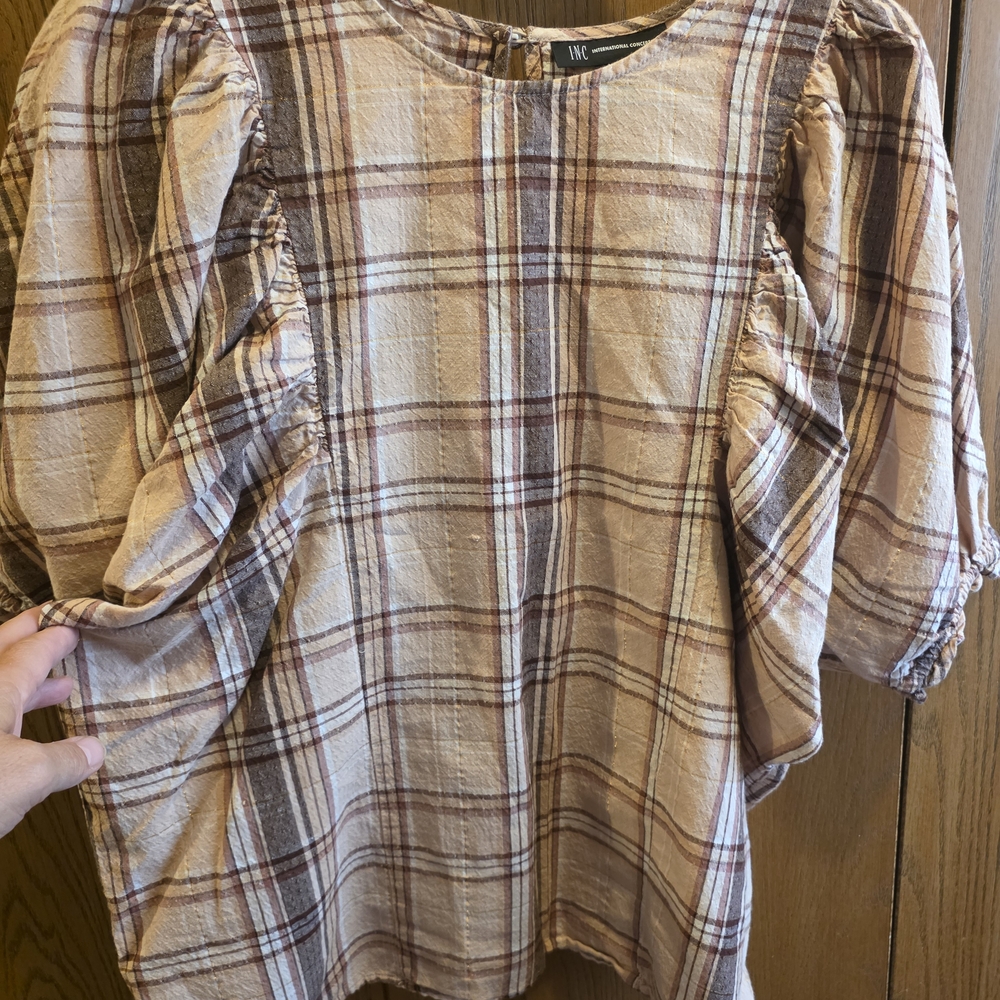 INC International Concepts Checkered Puff Sleeve Blouse - Beige and Brown